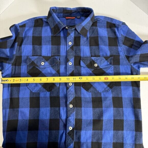 Design in Italy Men's Medium Blue & Black Plaid‎ Flannel Button-Up Shirt Outdoor - Picture 8 of 9